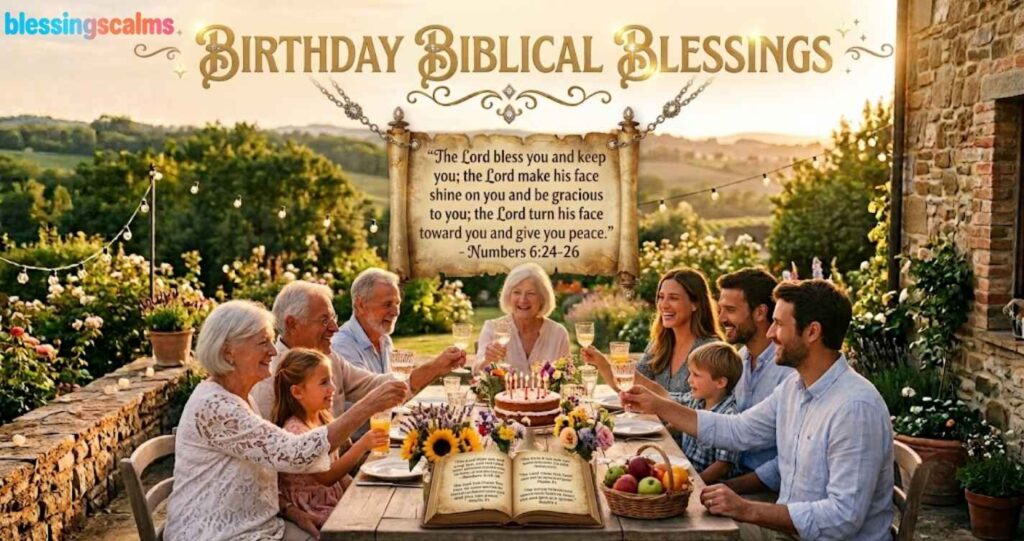 Gold text of "Birthday Biblical Blessings" above a scroll and a family celebrating in a sunset garden.
