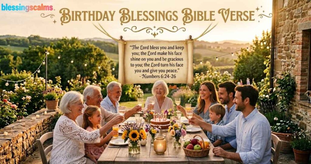 "Birthday Blessings Bible Verse" in gold script with an ornate text scroll above a multi-generational family having a Tuscan garden birthday meal.