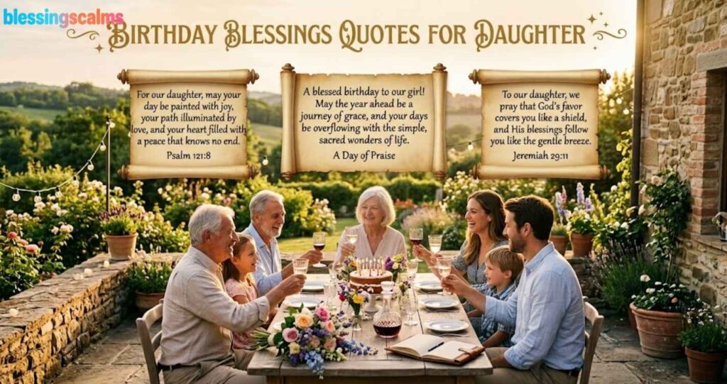 My Birthday Blessings Quotes are displayed on old scrolls above a multi-generational family celebrating with a cake outdoors.
