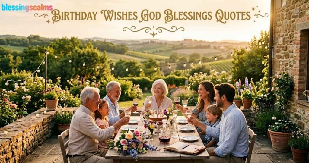 "Birthday Wishes God Blessings Quotes" gold text above a family in a Tuscan garden celebrating a birthday with a cake and wine.