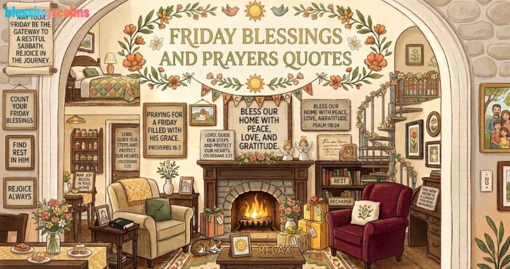 A detailed, illustrative Friday Blessings and Prayers Quotes image featuring multiple home spaces, scripture, and cozy details.