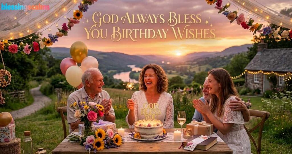 A woman holds a sparkler at an outdoor birthday table at sunset with family; text says "God Always Bless You Birthday Wishes."