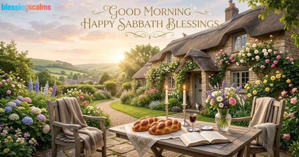 A table set with challah, candles, and wine in a garden. The text reads, "Good Morning Happy Sabbath Blessings."