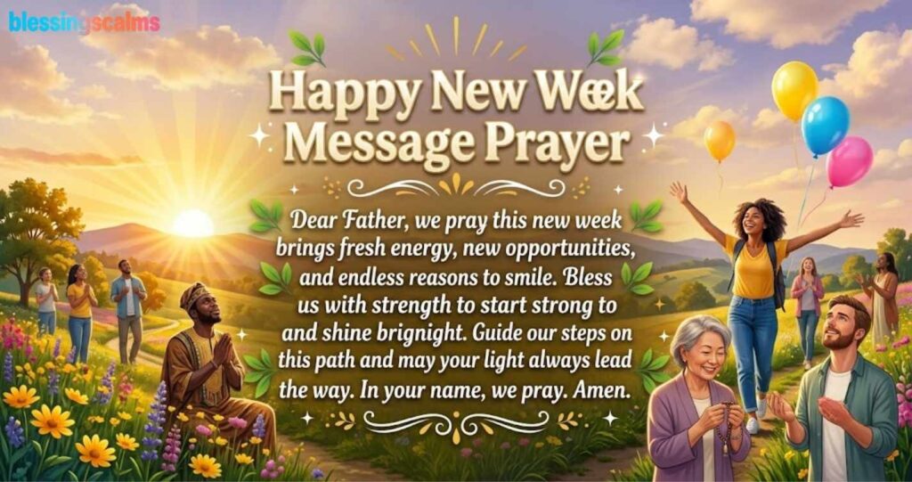 "Happy New Week Message Prayer" image shows a sunny field with a woman and group praying. 