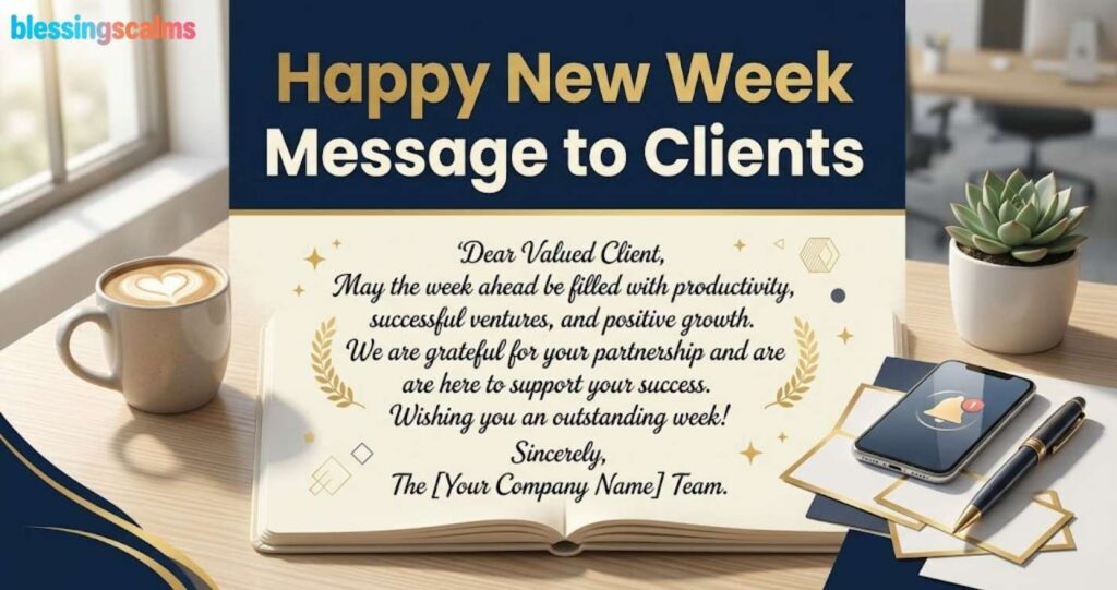 Professional greeting image with title: "Happy New Week Message to Clients," featuring coffee and motivational text.