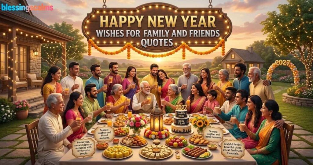 Happy New Year Wishes for Family and Friends Quotes overlay on a joyful outdoor feast with loved ones celebrating together.