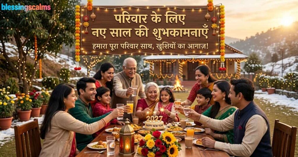 A multigenerational Indian family toasts at an outdoor table for New Year's under a Hindi banner, celebrating together.