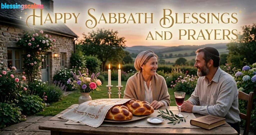 A Jewish couple smiles at a Shabbat table with challah, candles, and wine at sunset. Gold text: "Happy Sabbath Blessings and Prayers."