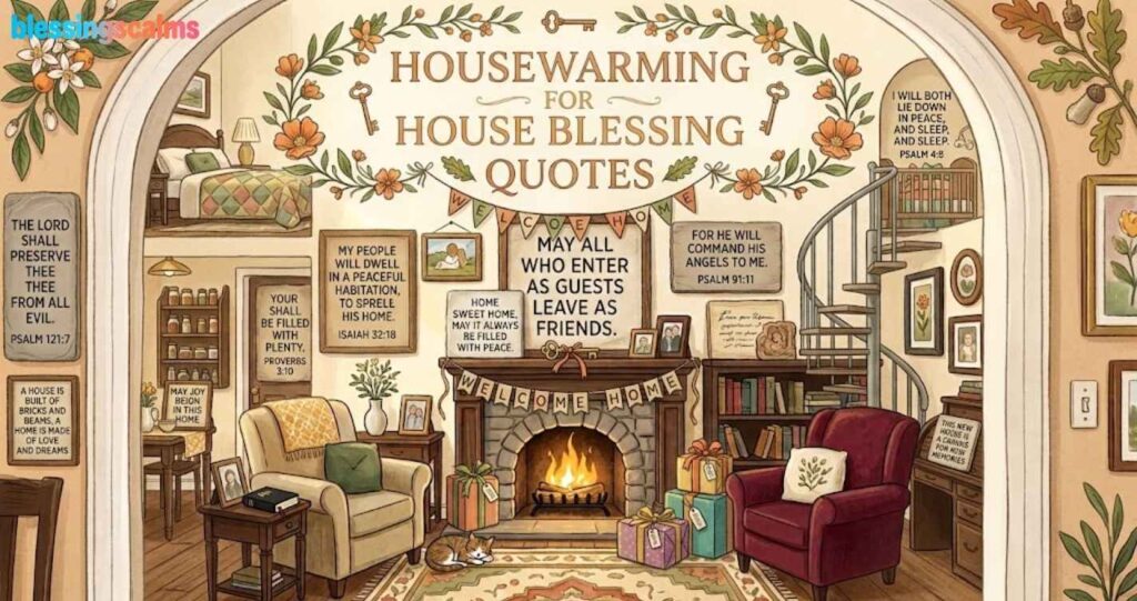 Cozy, detailed illustration of a multi-room home interior with a fireplace, featuring many framed Housewarming House Blessing Quotes and scripture.