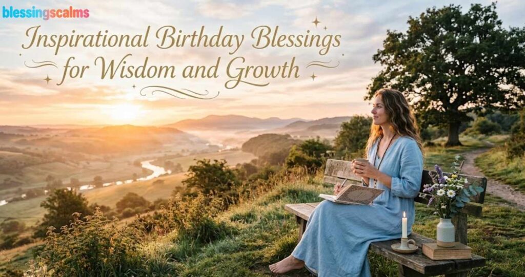 A woman in a blue dress sits on a bench at sunrise, writing in a journal; text says "Inspirational Birthday Blessings for Wisdom and Growth."