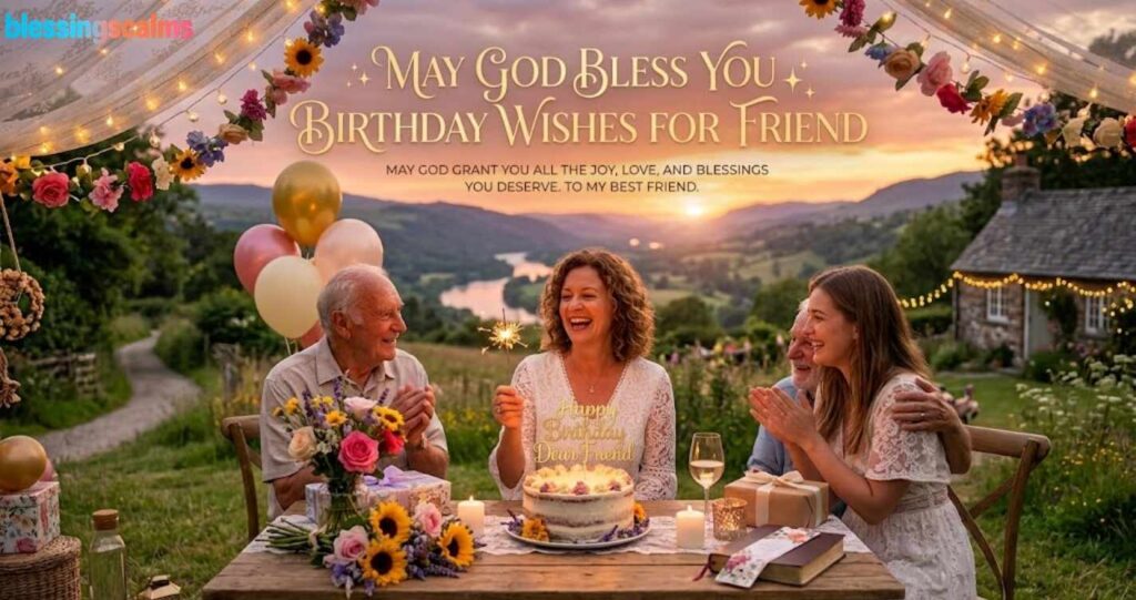 Four people celebrate at an outdoor table with a cake at sunset, under "May God Bless You Birthday Wishes for Friend" text.