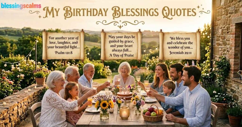 My Birthday Blessings Quotes are displayed on old scrolls above a multi-generational family celebrating with a cake outdoors.