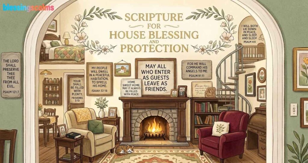 Illustrative scene with Scripture for House Blessing and Protection quotes in a cozy living room, including a fireplace.