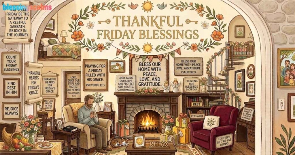 A cozy illustrated multi-room home interior featuring various scripture verses and blessings, titled "Thankful Friday Blessings."