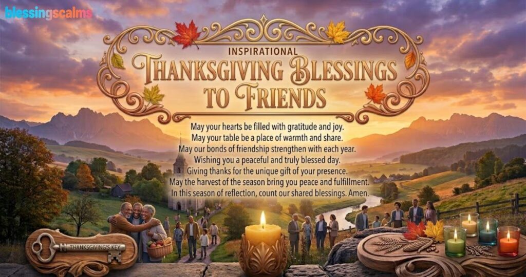 Inspirational Thanksgiving Blessings to Friends are displayed over a mountain valley with people, candles, and a church.