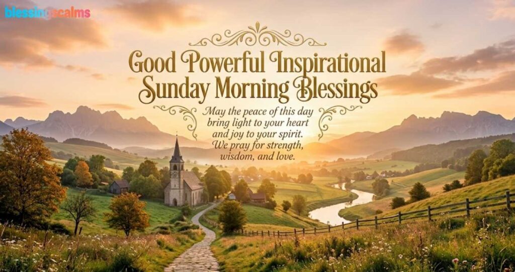 **Alt text:**
Peaceful golden hour valley with path, church, mountains, and river, featuring elegant gold text: "Good Powerful Inspirational Sunday Morning Blessings" and a prayer.
