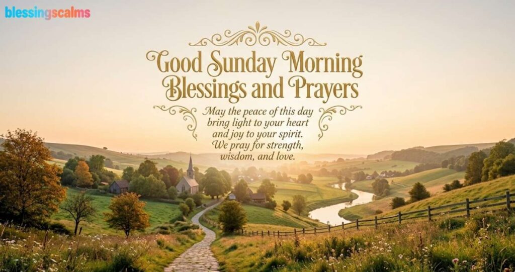A rolling green valley with a path, church, and river at sunset, with golden text "Good Sunday Morning Blessings and Prayers".