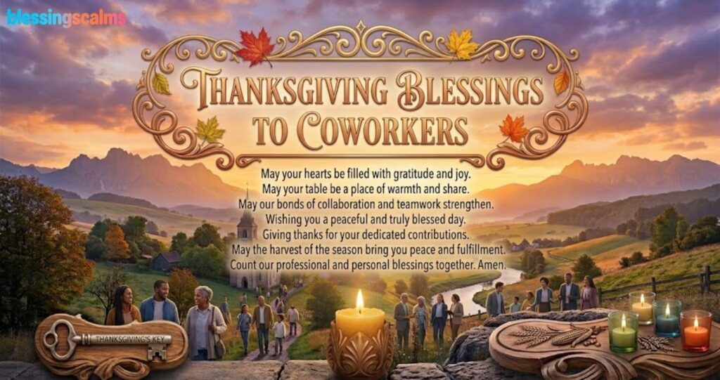 Thanksgiving Blessings to Coworkers: a mountain valley at sunset with a church, a village path, candles, and a key.