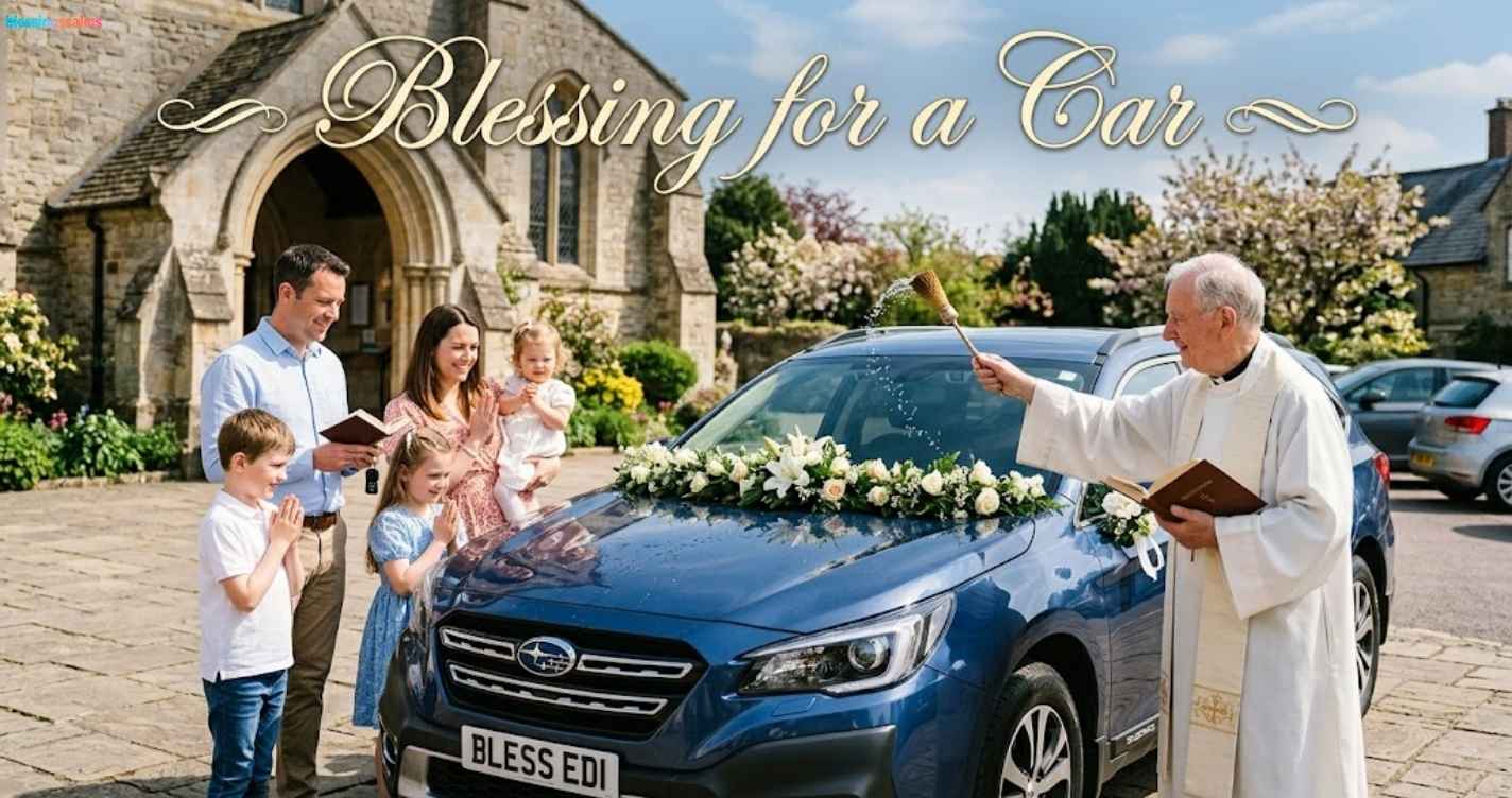 A priest performs a Blessing for a Car, splashing holy water on a decorated blue Subaru as a family watches in front of a church.