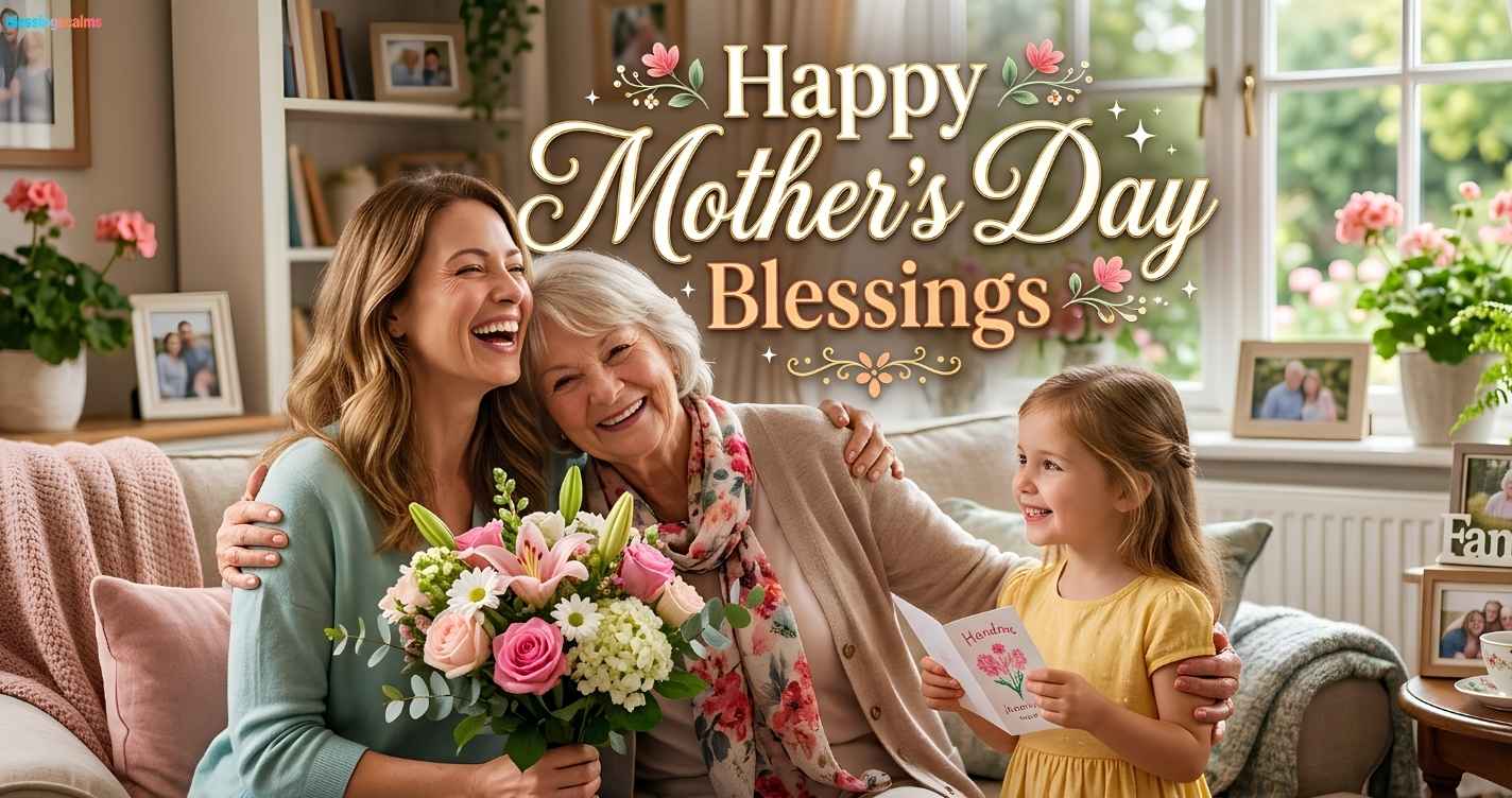 A heartwarming photo of three generations celebrating Mother's Day, featuring the text "Happy Mother's Day Blessings" in elegant gold lettering above them. (Keywords: Happy Mother's Day Blessings)