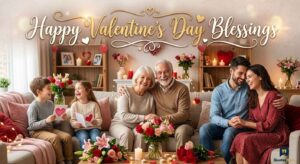 A heartwarming multi-generational family portrait, with the gold text overlay "Happy Valentine’s Day Blessings," celebrating love and connection across ages.