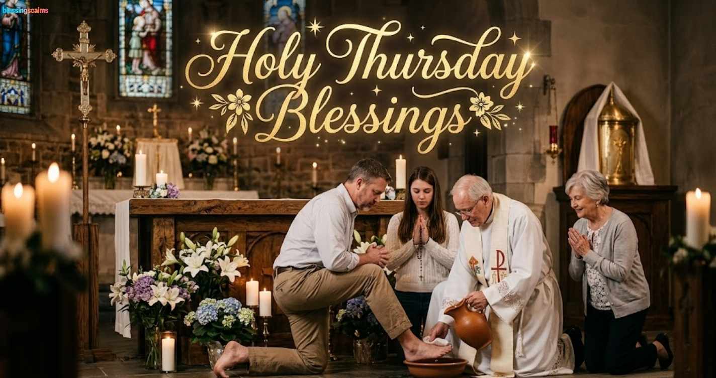 A golden text "Holy Thursday Blessings" over a scene of a priest washing a man's feet in church, with a family praying.