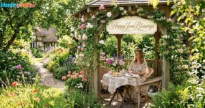 A woman enjoys tea in a rose-covered gazebo with a "Happy June Blessings" sign, looking out at a lush garden and cottage.