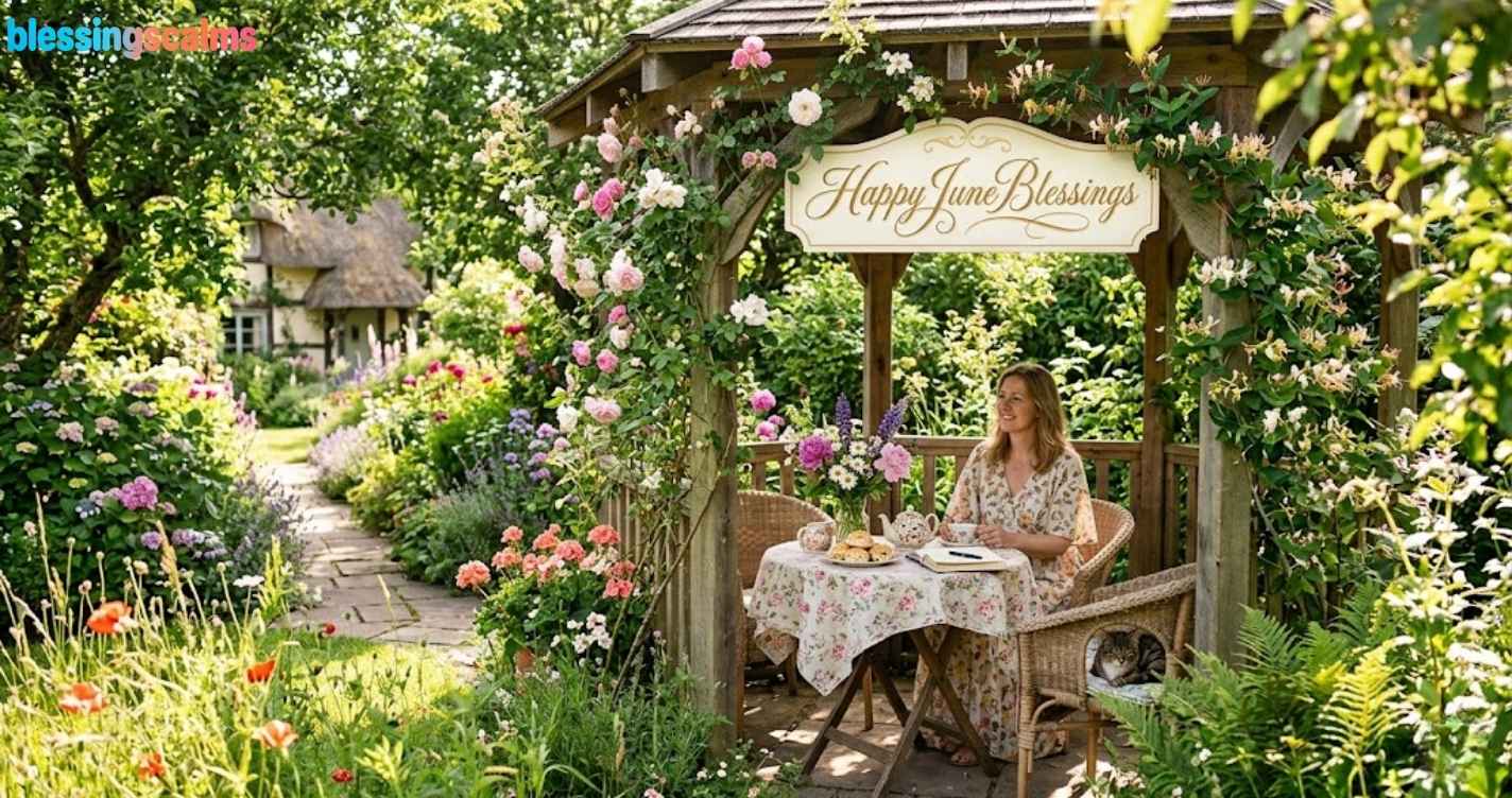 A woman enjoys tea in a rose-covered gazebo with a "Happy June Blessings" sign, looking out at a lush garden and cottage.