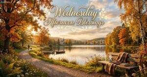 A beautiful, scenic landscape featuring a peaceful autumn lake view at sunset, with the elegant gold text "Wednesday Afternoon Blessings" centered above.