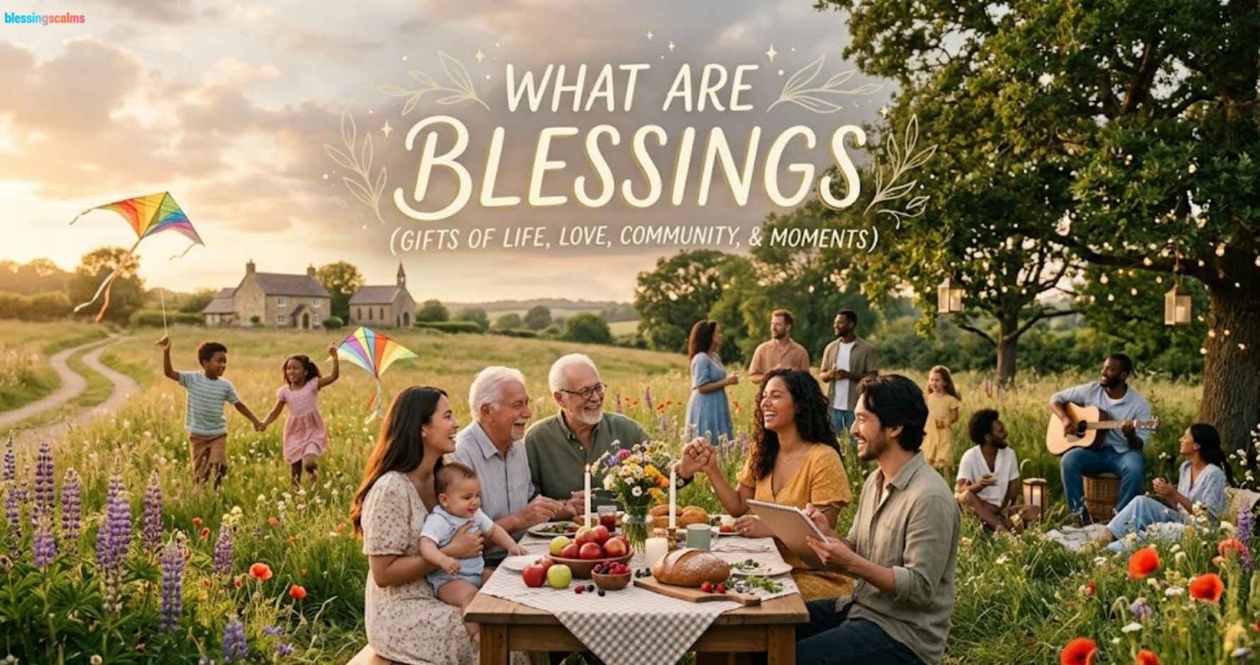 A heartwarming group gathering in a sunlit field, with text overlay exploring What Are Blessings through shared life moments.