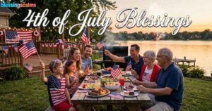 A multi-generational family enjoys a backyard BBQ, waving American flags as fireworks light the sky. Above, "4th of July Blessings" is written.