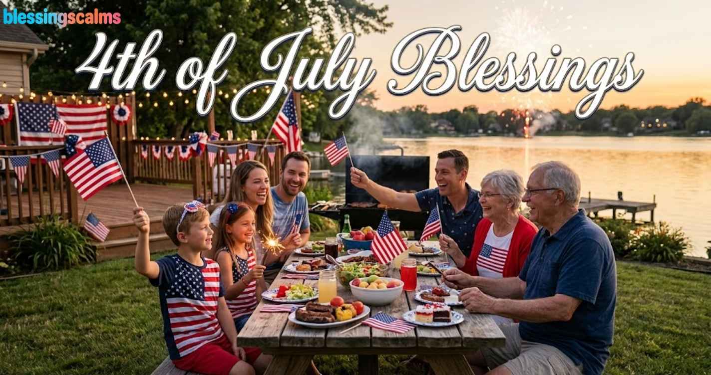 A multi-generational family enjoys a backyard BBQ, waving American flags as fireworks light the sky. Above, "4th of July Blessings" is written.