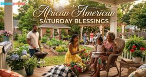 Multi-generational family enjoying a cookout and gardening on a sunny porch. Text reads "African American Saturday Blessings".