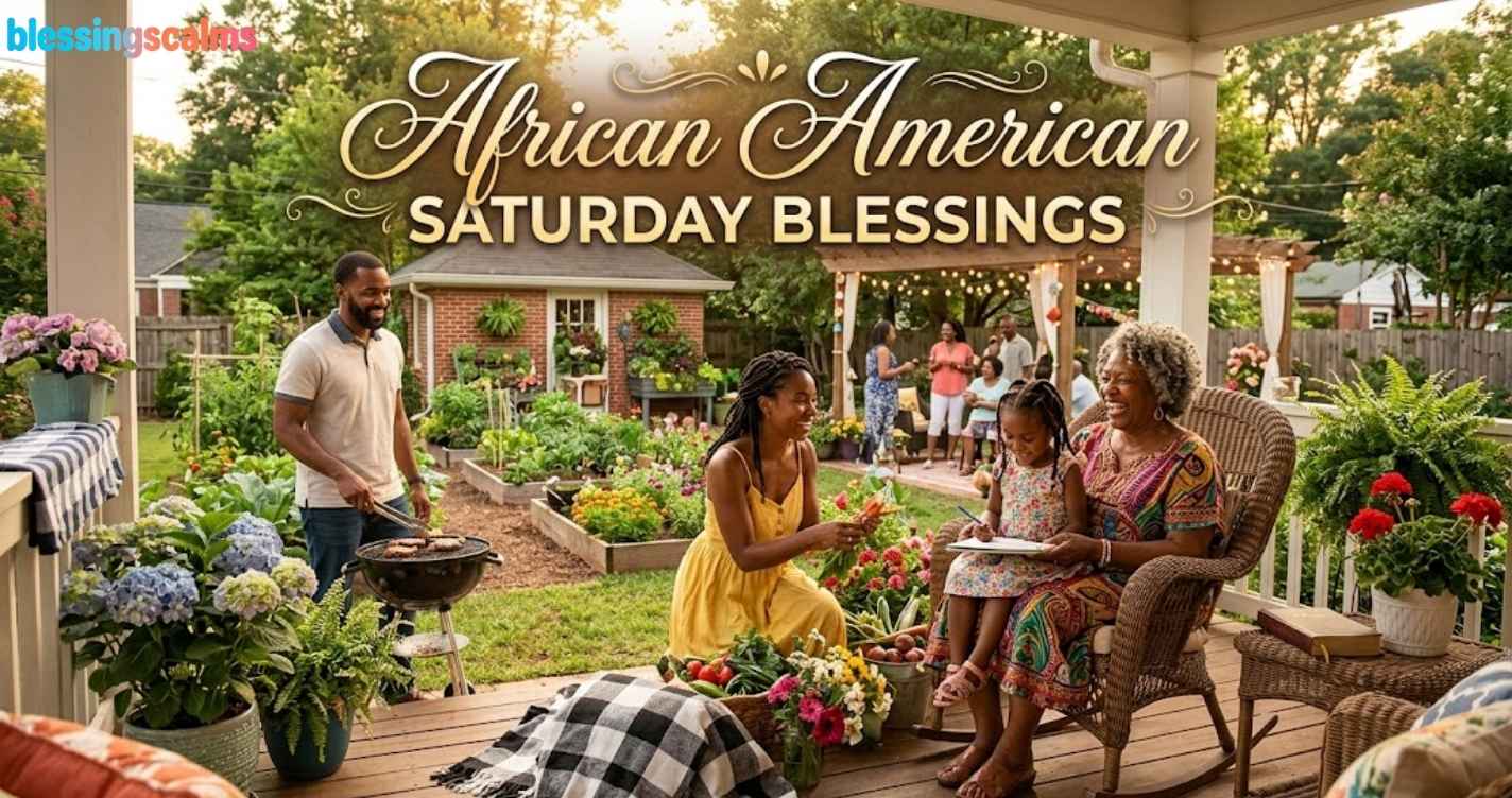 Multi-generational family enjoying a cookout and gardening on a sunny porch. Text reads "African American Saturday Blessings".