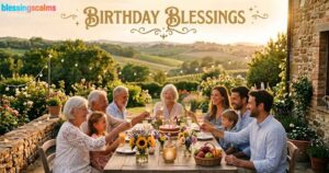 Golden text saying "BIRTHDAY BLESSINGS" above a family raising a toast at a sunset garden table in Tuscany.