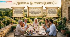 Three scroll icons displaying Birthday Blessings Quotes over a family having a sunset dinner on a garden patio with cake.