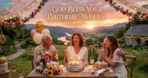 A group gathers at an outdoor birthday table at sunset; gold text reads, "God Bless You Birthday Wishes."