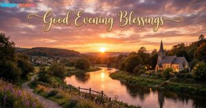 Serene evening sunset over a river valley with a countryside church. Elegant gold script reads "Good Evening Blessings."