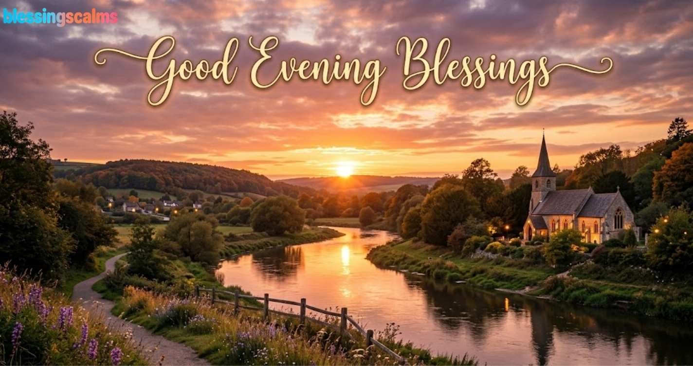Serene evening sunset over a river valley with a countryside church. Elegant gold script reads "Good Evening Blessings."