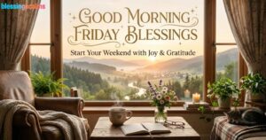 "Good Morning Friday Blessings" with gold text on a peaceful view of a mountain valley, with coffee and flowers.