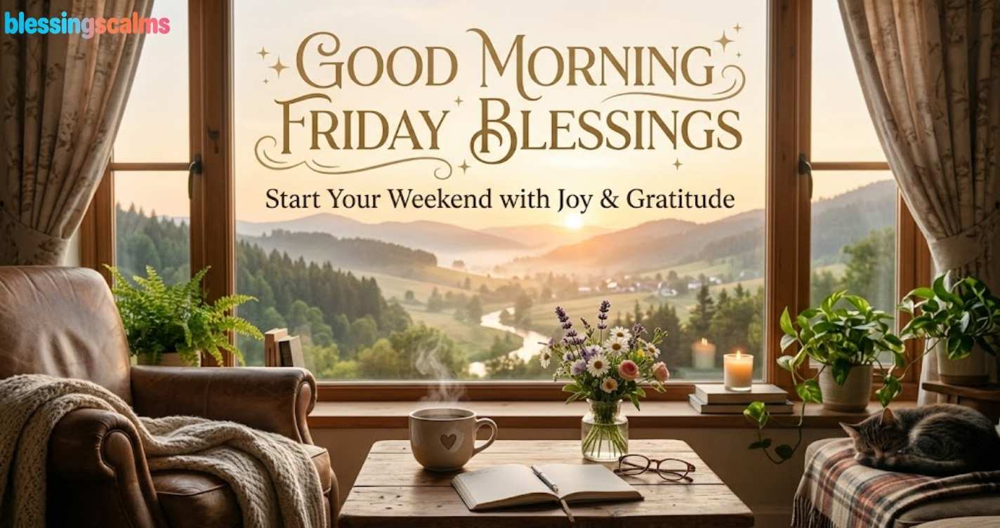 "Good Morning Friday Blessings" with gold text on a peaceful view of a mountain valley, with coffee and flowers.