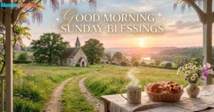 Breakfast on a porch overlooking a church valley. The words Good Morning Sunday Blessings are in the sky.