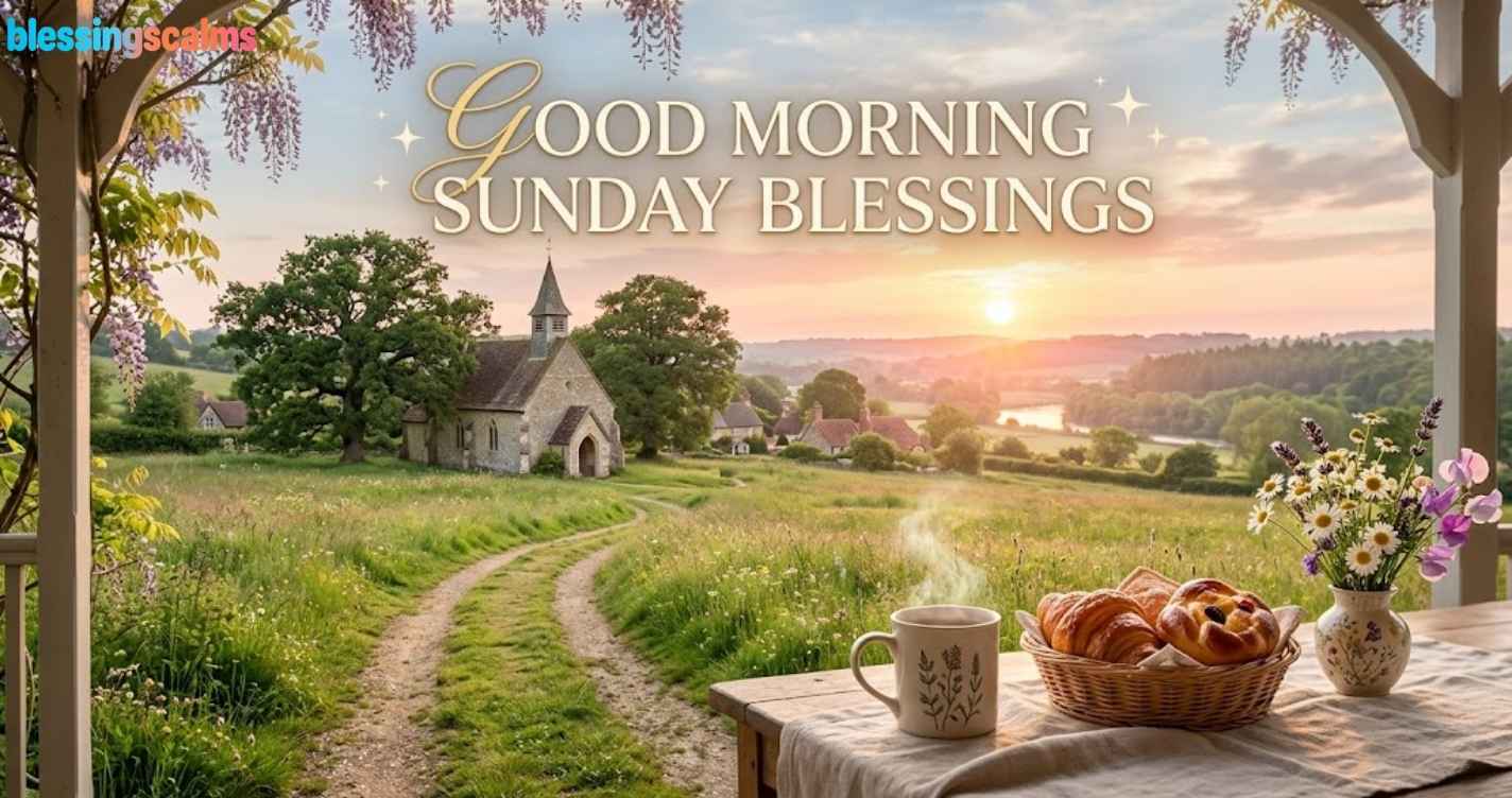 Breakfast on a porch overlooking a church valley. The words Good Morning Sunday Blessings are in the sky.