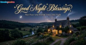 Cozy stone cottage in a valley under a starry sky with a moon. Gold text reads "Good Night Blessings".