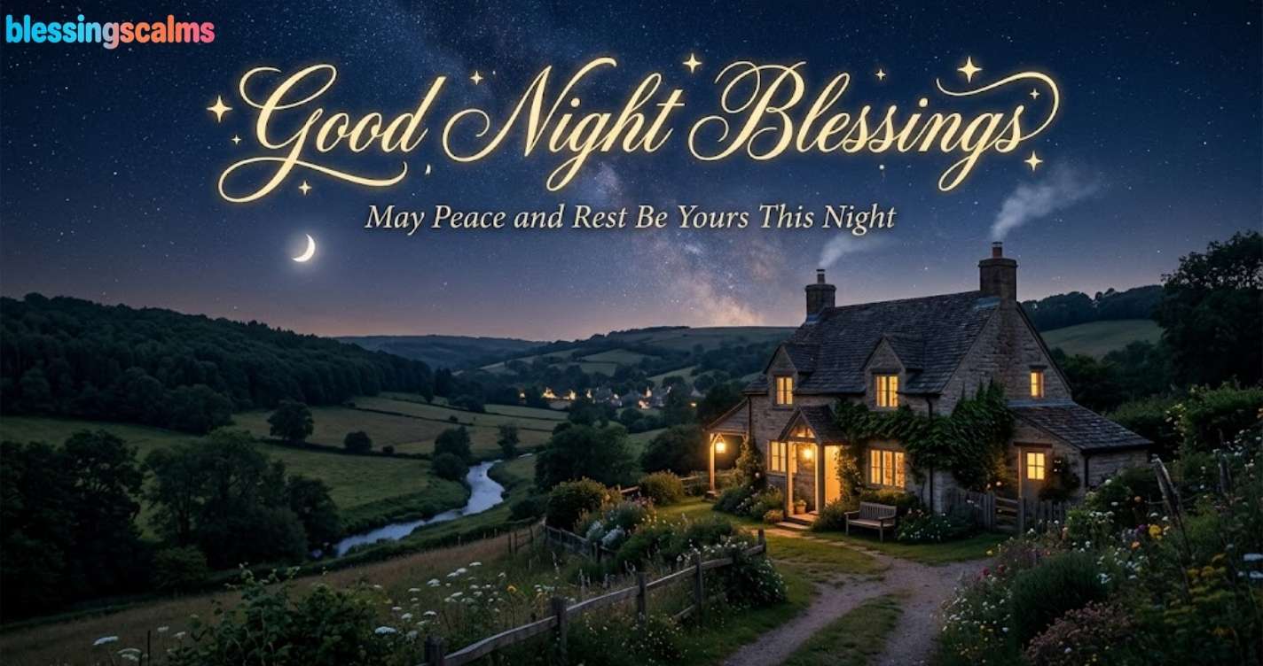 Cozy stone cottage in a valley under a starry sky with a moon. Gold text reads "Good Night Blessings".