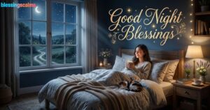 A woman holding a warm drink smiles in a cozy bedroom. The text 'Good Night Blessings' is in the top right.