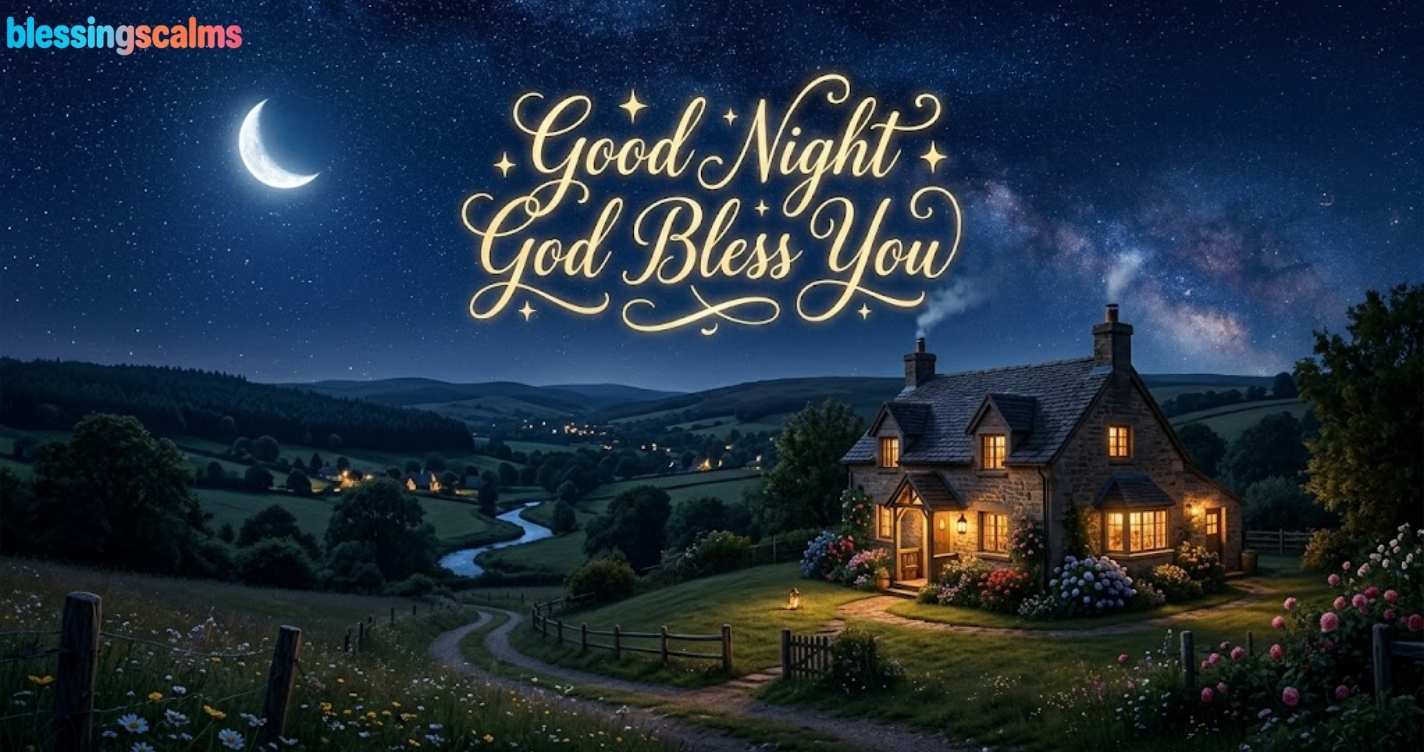 A cozy illuminated cottage in a valley under a crescent moon and starry sky; gold text reads "Good Night God Bless You".