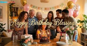 A multi-generational family celebrates around a birthday cake and gifts; gold text reads "Happy Birthday Blessings".