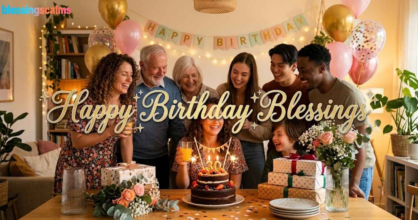 A multi-generational family celebrates around a birthday cake and gifts; gold text reads "Happy Birthday Blessings".