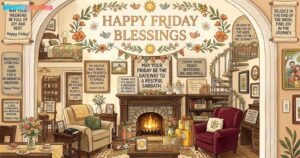 Detailed illustration of a cozy multi-level home interior, adorned with floral garlands and scripture plaques, reading "Happy Friday Blessings" for a restful weekend.